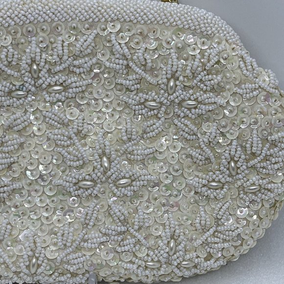Vintage Beaded Purse Kiss Lock Bags by Debbie Cream White Shimmer Gold 9.5x5.5” - Picture 4 of 16